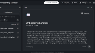 Uploading an employee handbook PDF as a source in Gemini Notebook.