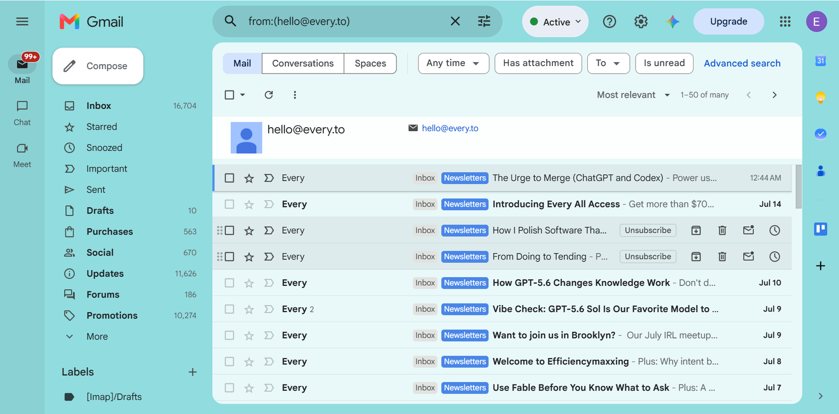 Creating a Gmail filter and label to sort newsletter emails automatically.