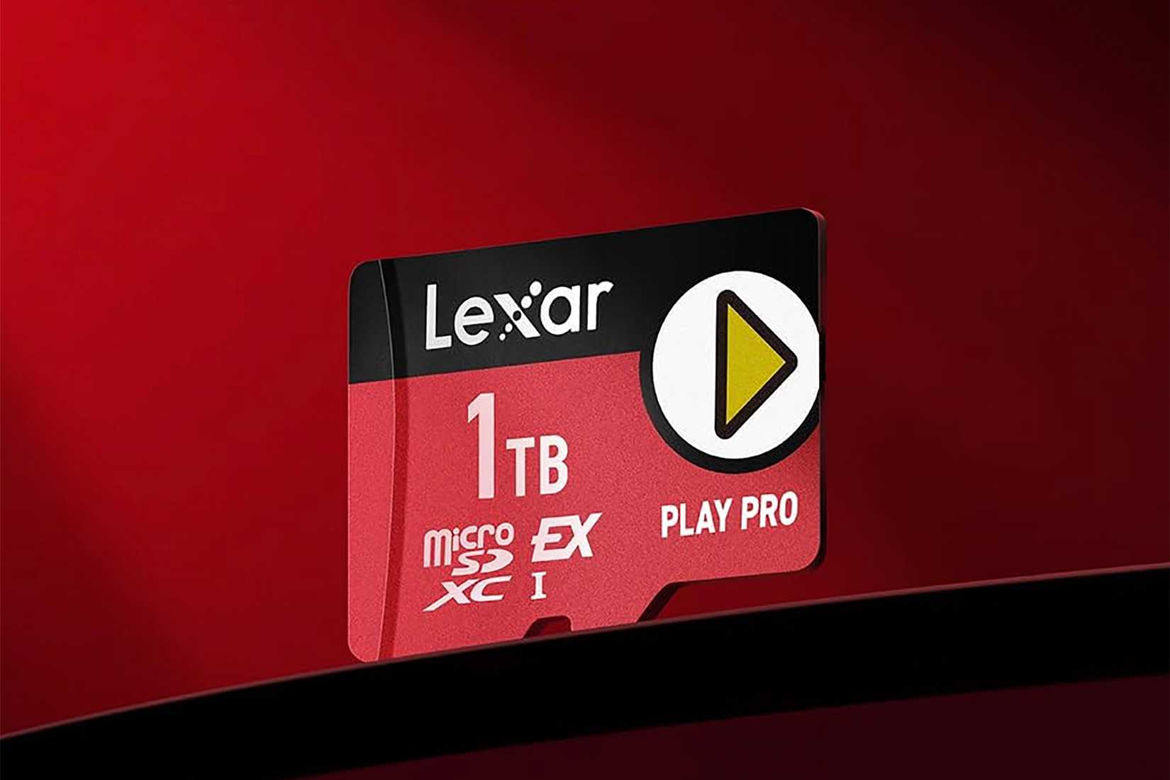 A Lexar microSD Express card on a red background.