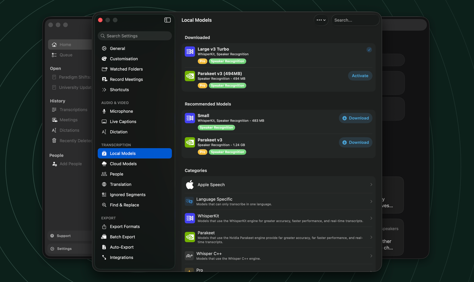 MacWhisper app displaying local models
