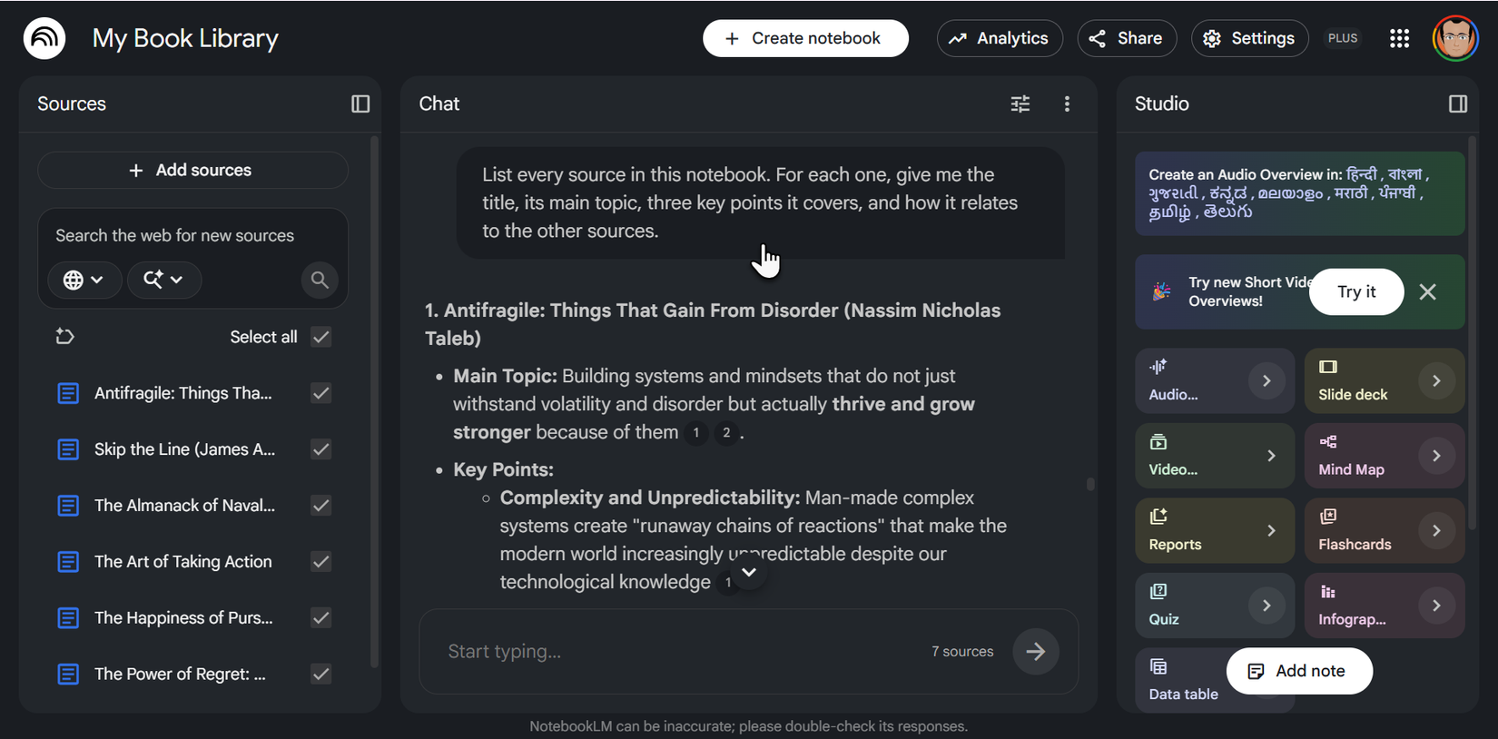 A master NotebookLM prompt to get a bird's eye view of the Google Drive docs in the Sources panel and their key points with inter-relationships.