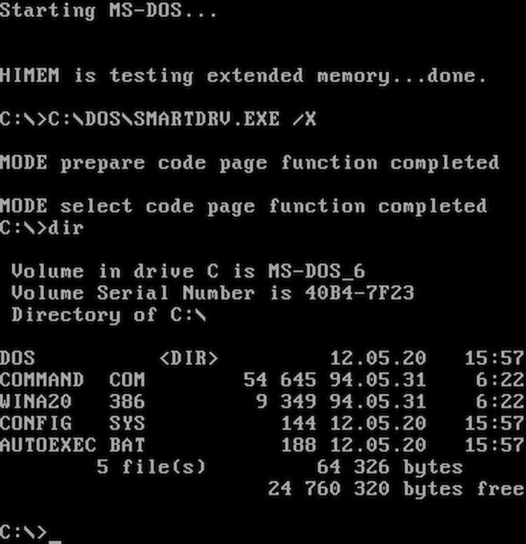 MS DOS command prompt showing directory contents