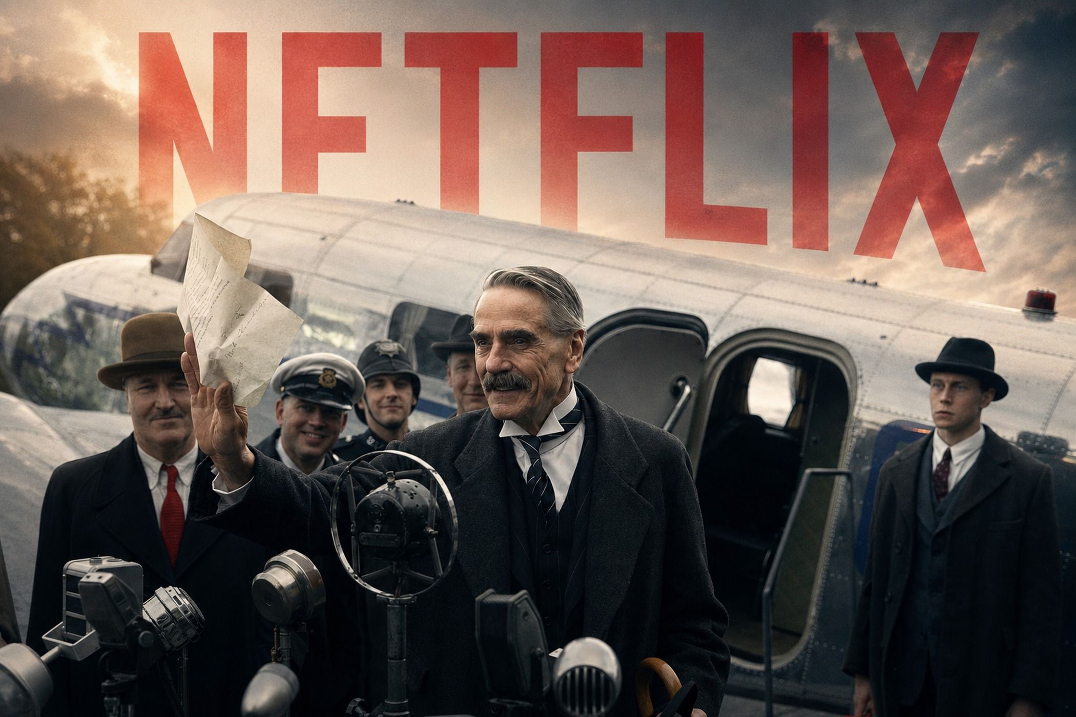 Netflix logo behind press conference by airplane scene from the Munich Edge of War show