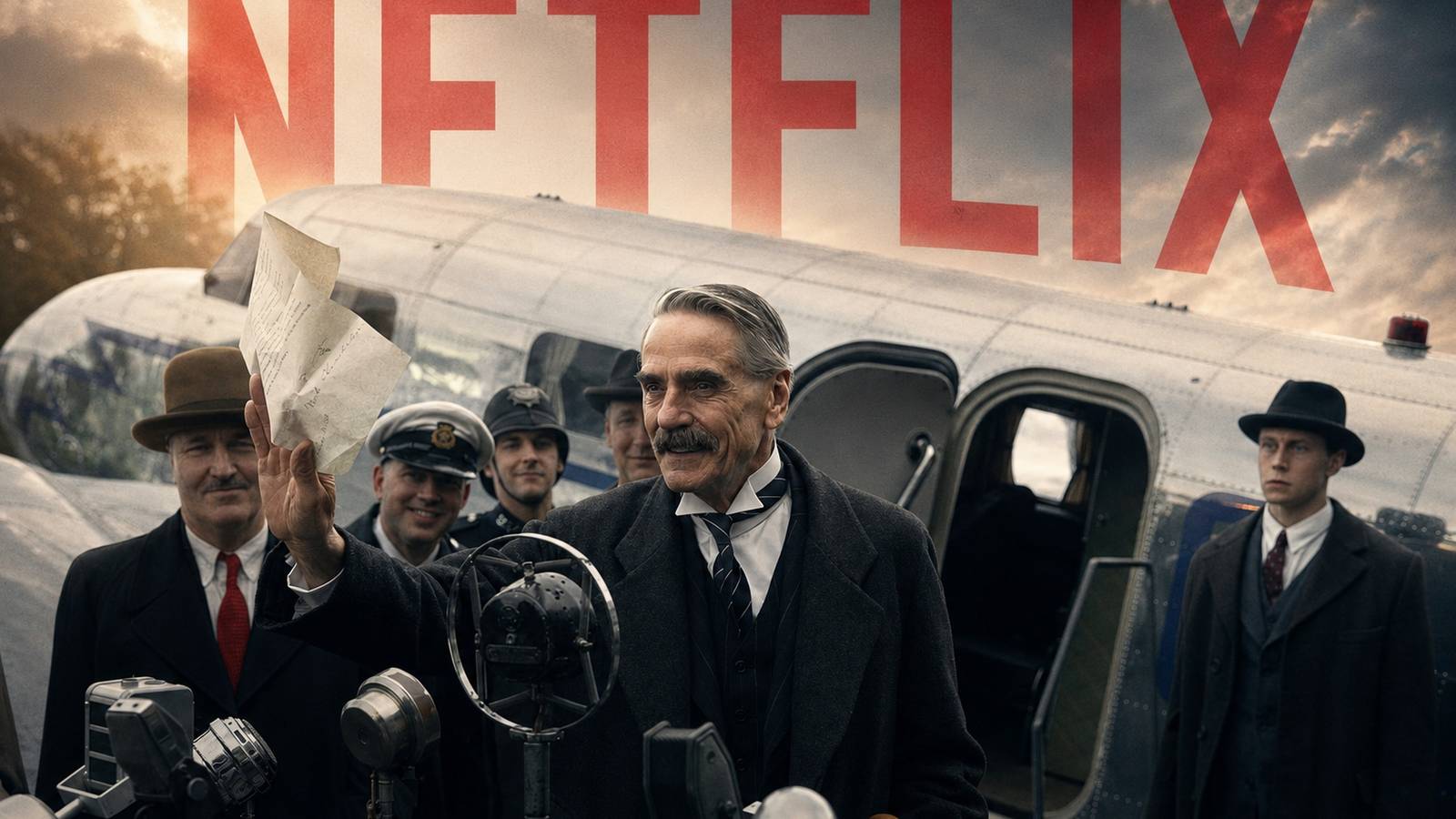 Netflix logo behind press conference by airplane scene from the Munich Edge of War show