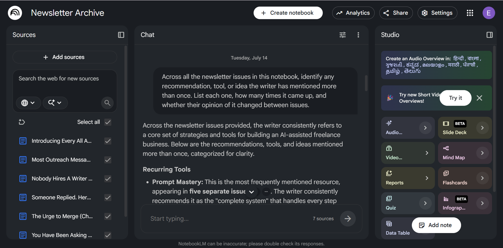 NotebookLM answering a prompt that finds recurring recommendations across newsletter issues.