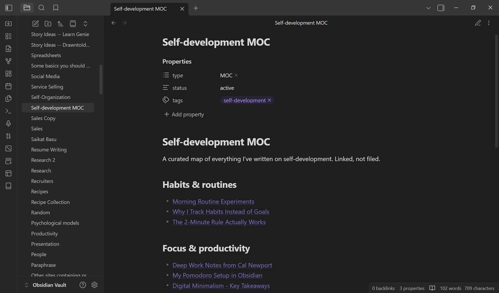 Obsidian Inbox folder next to a Self-development MOC note.