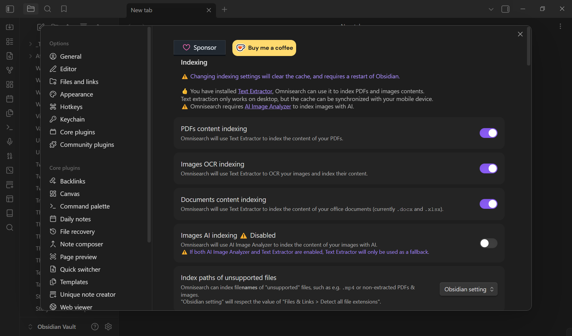 Omnisearch community plugin settings screen in Obsidian.