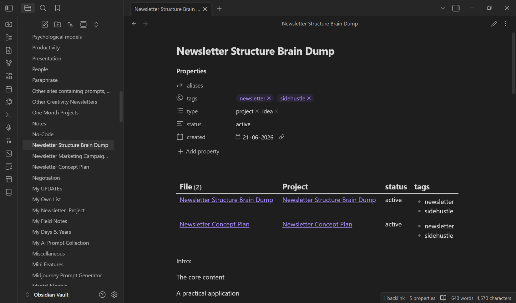 Obsidian note properties panel with type, status, and tags fields.