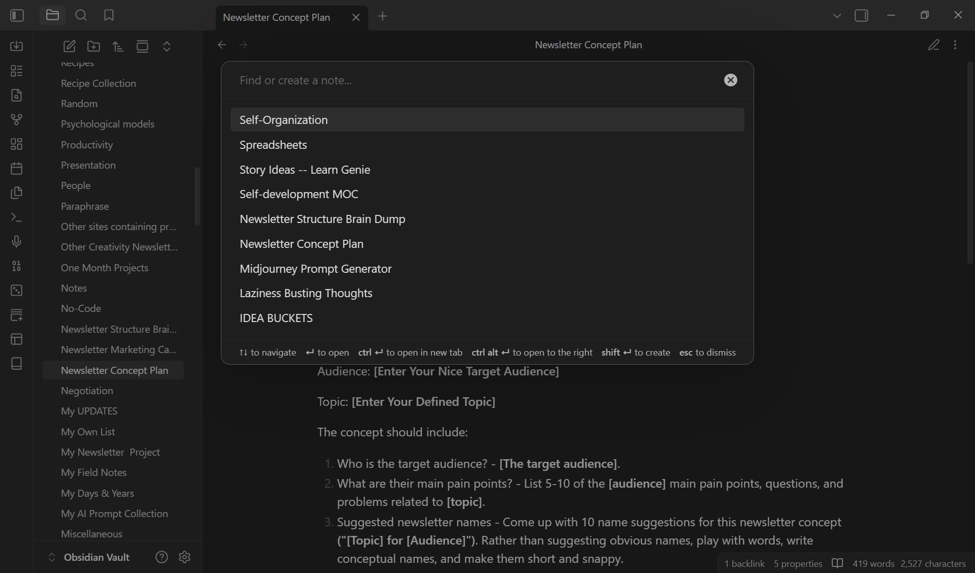 Obsidian Quick Switcher opened with Ctrl+O showing note result.