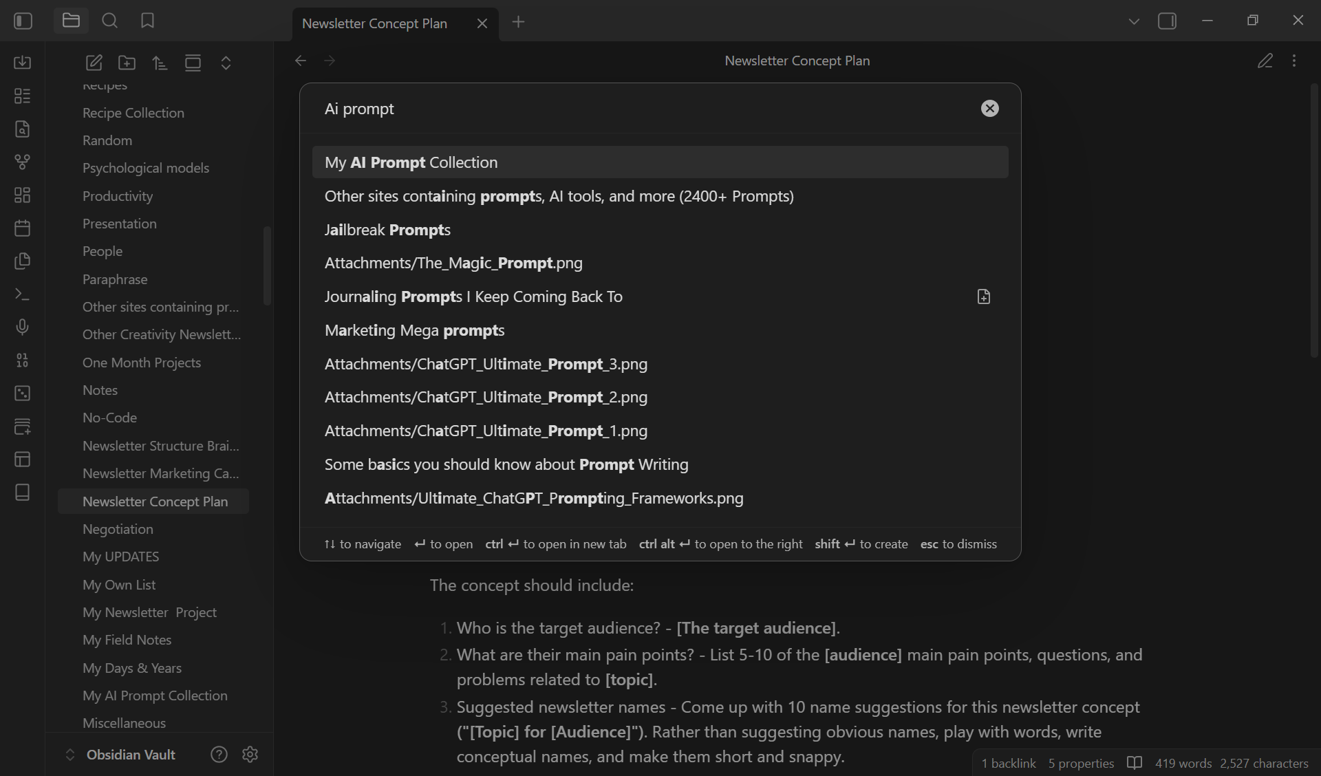 Typing keywords into Obsidian's Quick Switcher to find a note.