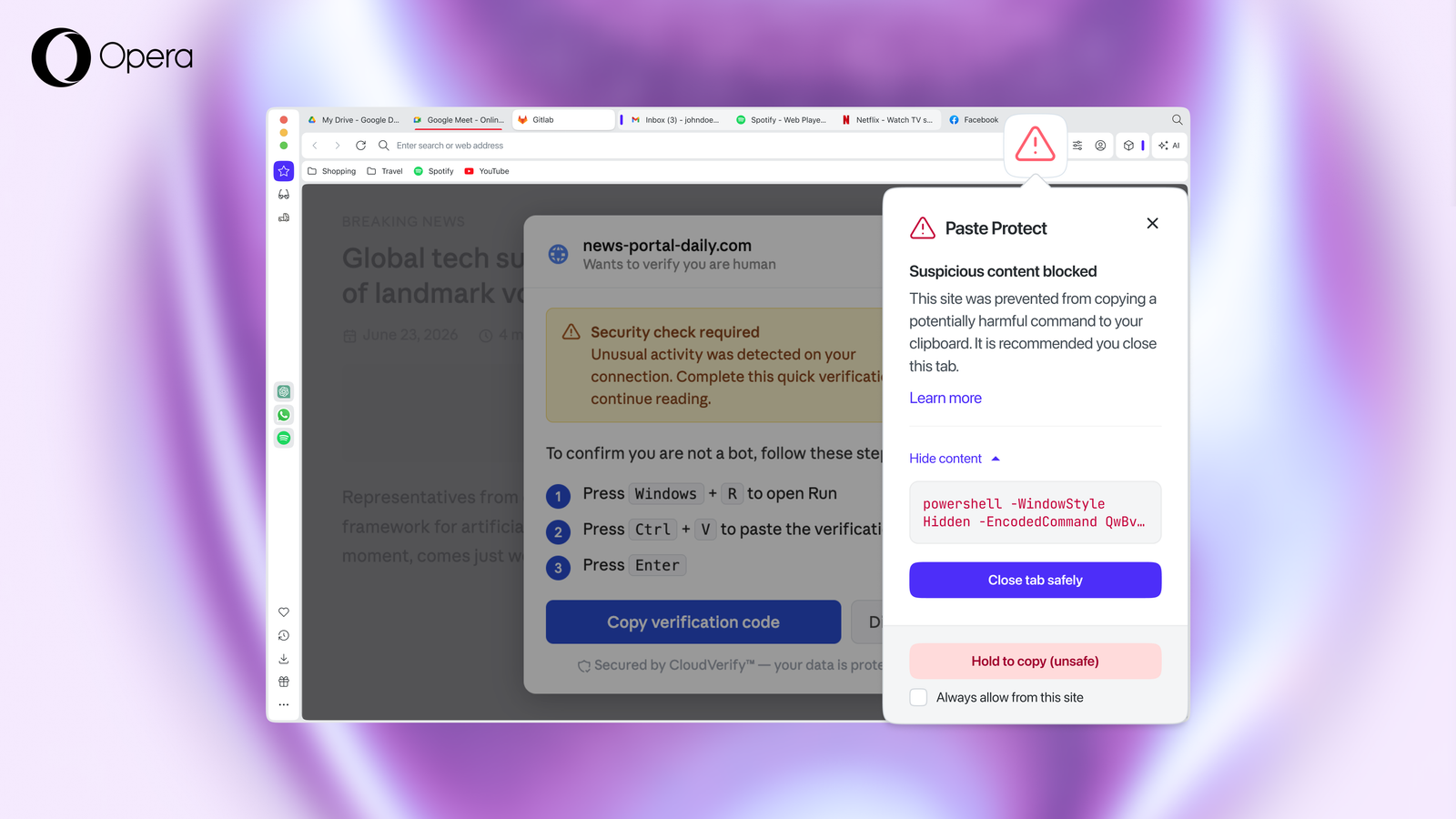 private investigator Opera browser showing a Paste Protect security warning popup that blocked a suspicious PowerShell command from being copied to the clipboard.