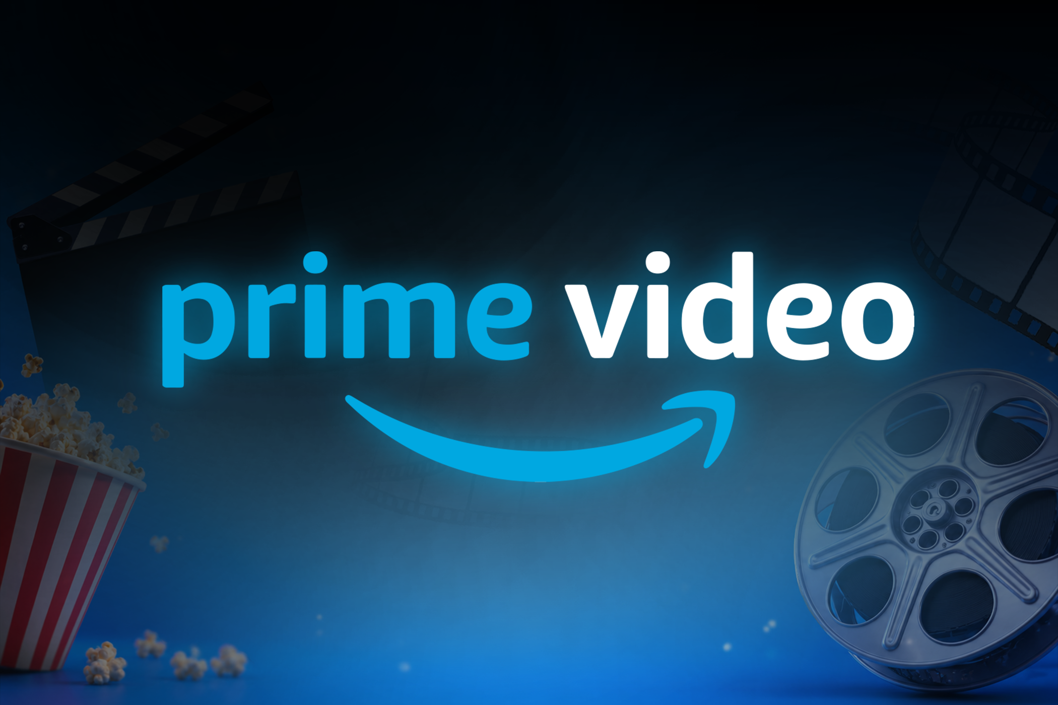 Prime Video logo with popcorn, a clapperboard, and film reels.