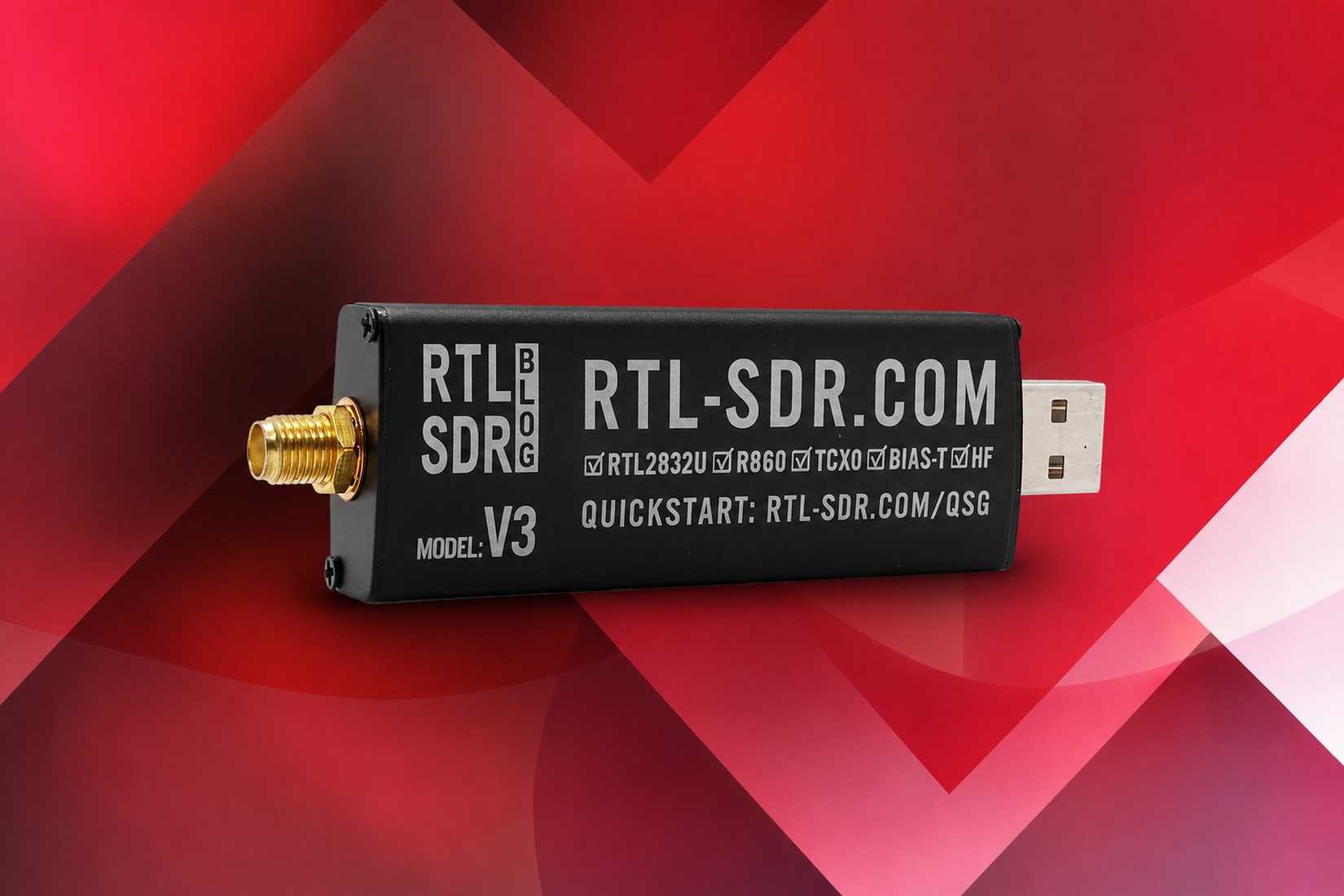 دونجل RTL SDR على خلفية هندسية حمراء