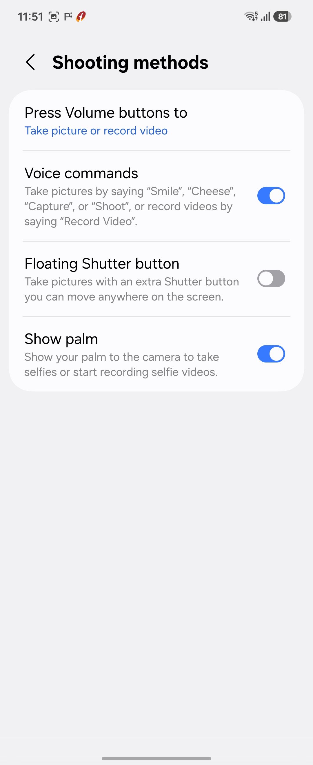 Samsung Camera Shooting Methods Settings Screen