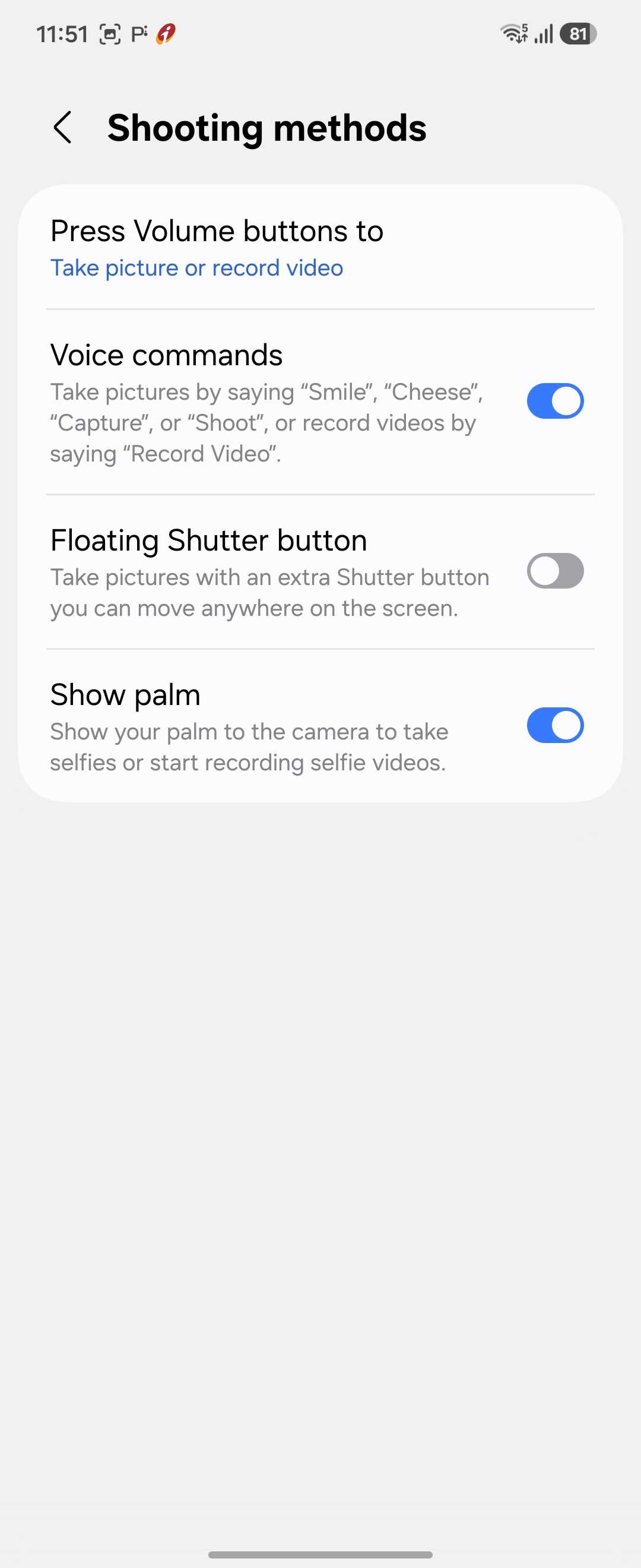 Samsung Camera Shooting Methods Settings Screen