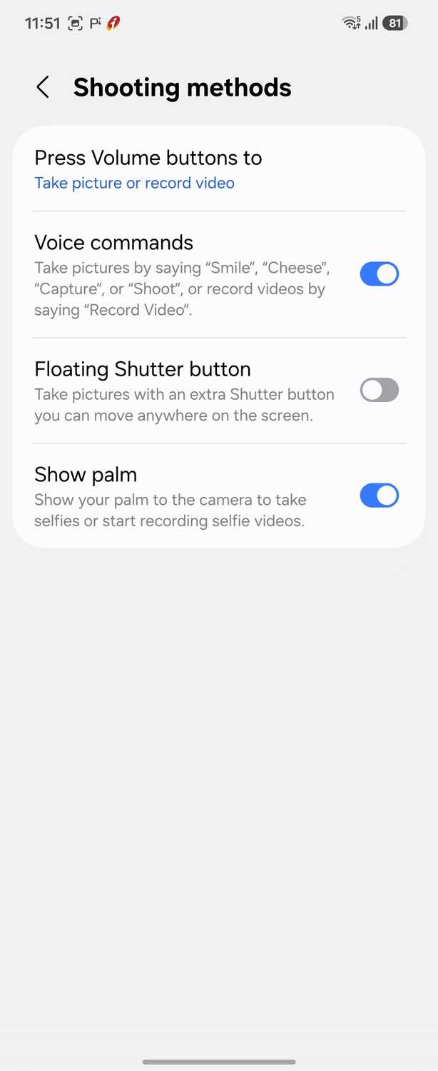 Samsung Camera Shooting Methods Settings Screen