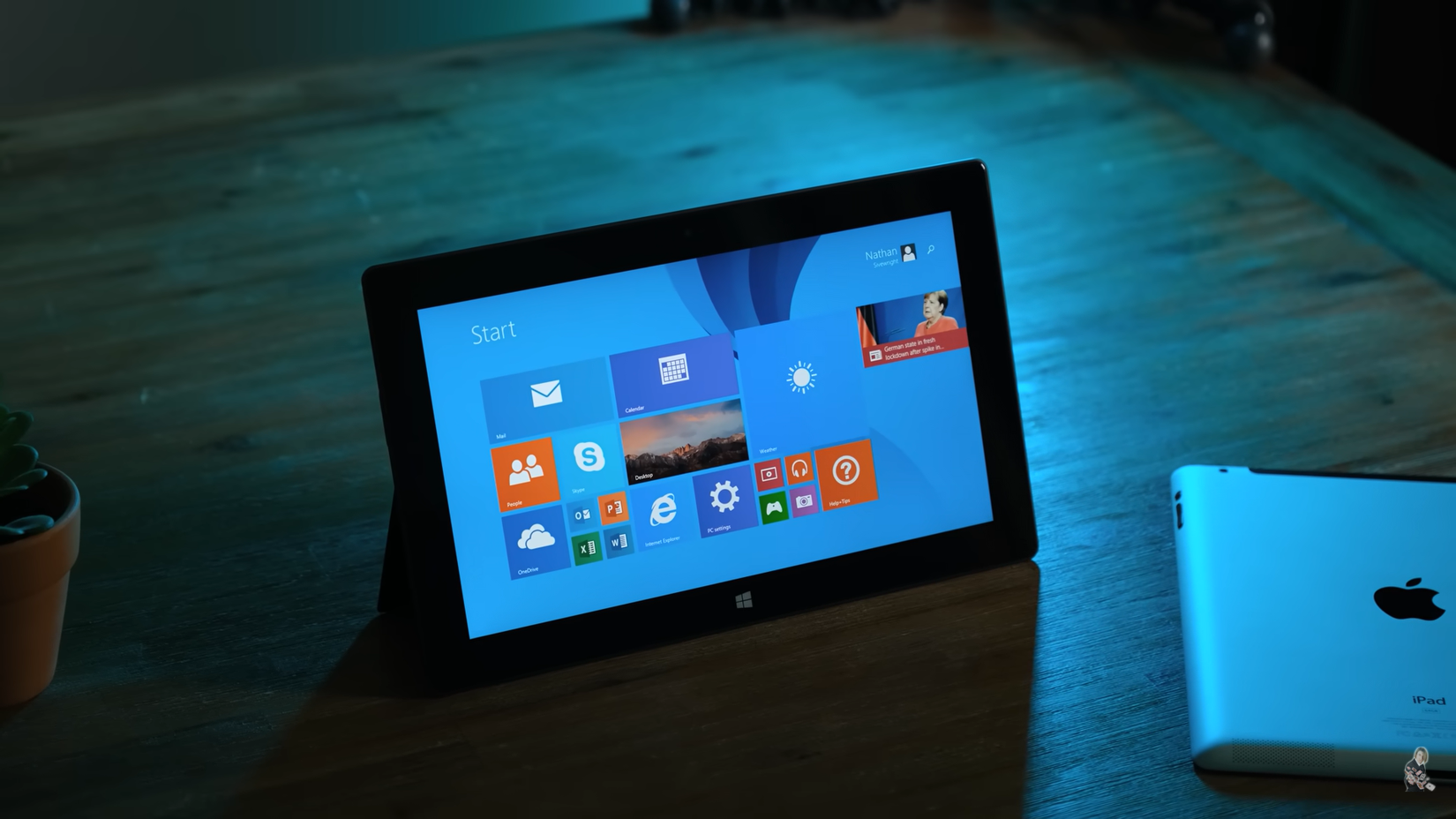Surface tablet displaying the Windows start screen