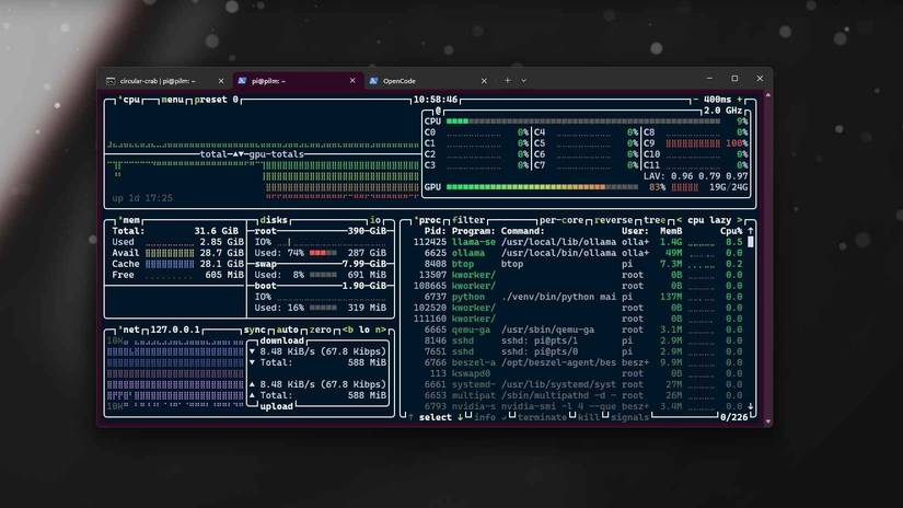 System monitor displays Ollama and Gemma services during the model test