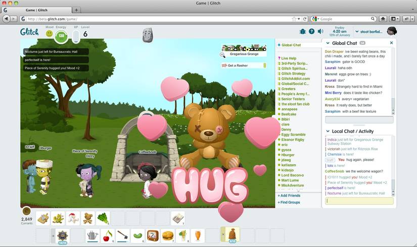 Teddy bear hugging in Glitch browser game.