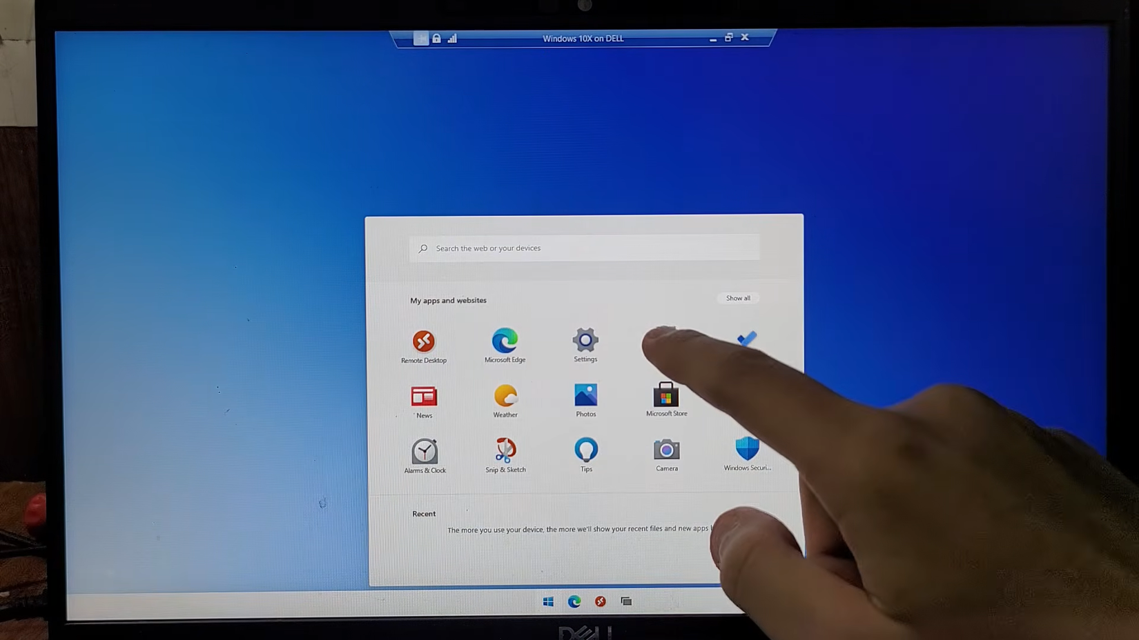 Windows 10X start menu with touch interaction