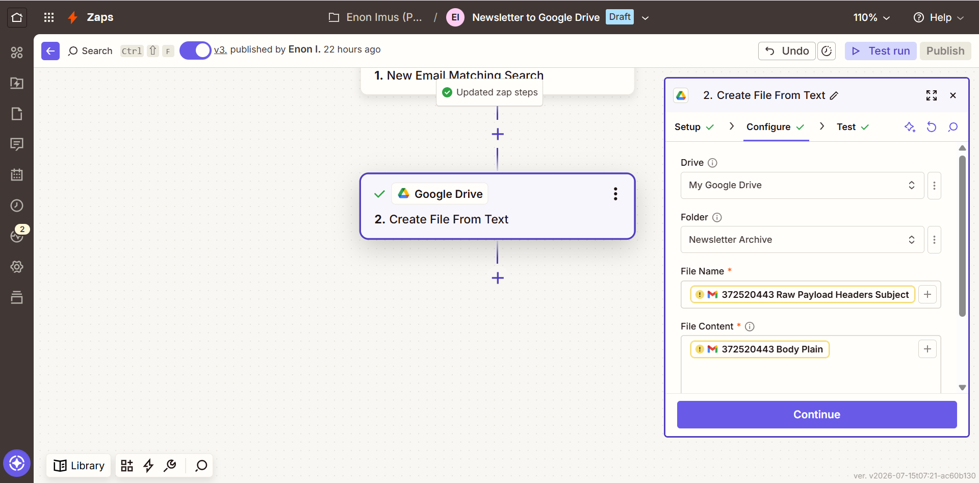 Mapping a Zap to a Google Drive folder for extracting email HTML.