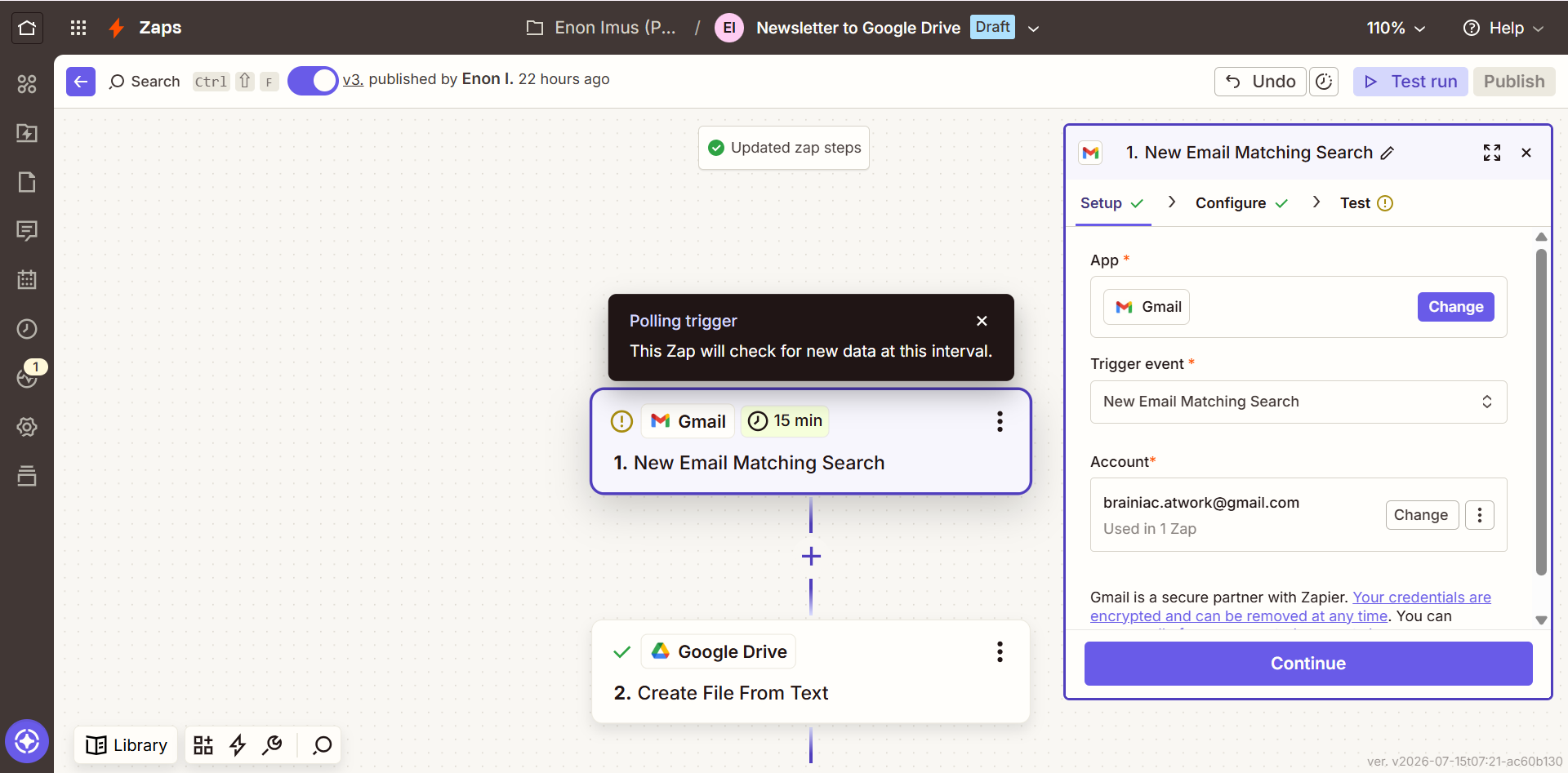 Setting up the trigger for the Gmail event.