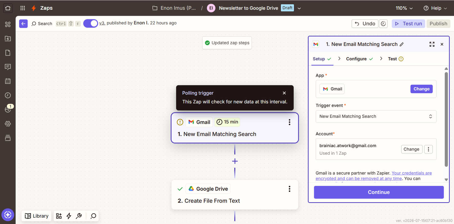 Setting up the trigger for the Gmail event.