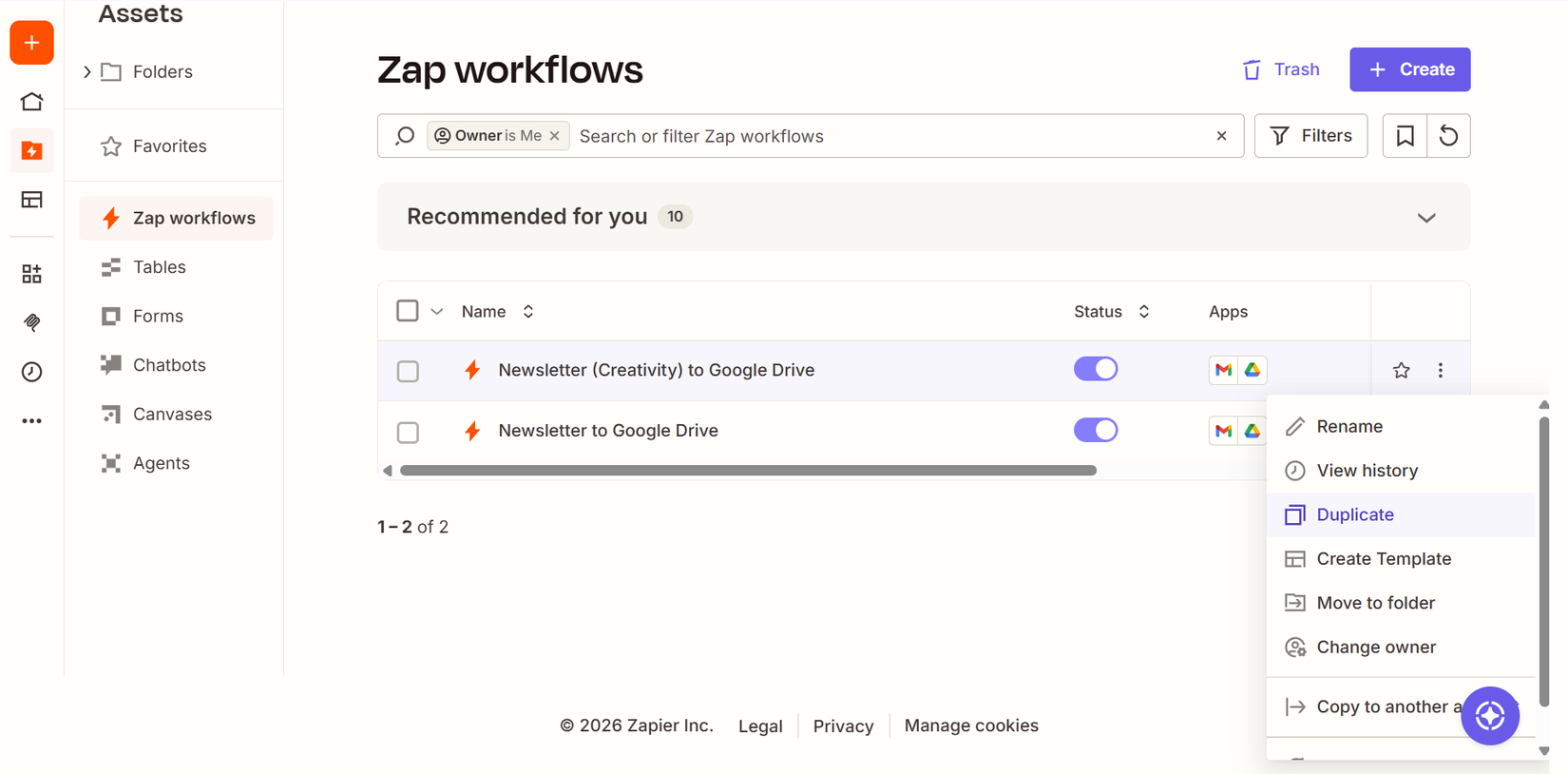 Zapier dashboard showing duplicated automations for multiple newsletter sources.