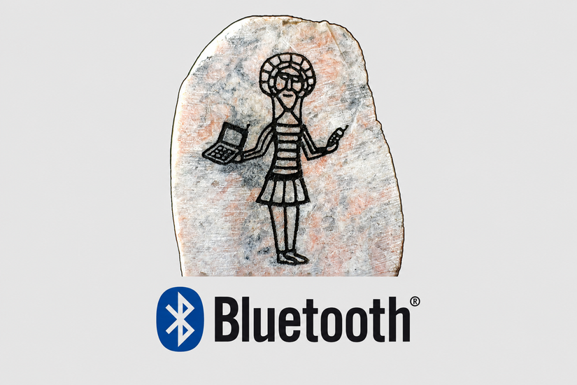 A modern Intel Free Press illustration links Harald Blåtand’s Jelling stone story with the Bluetooth name and logo.