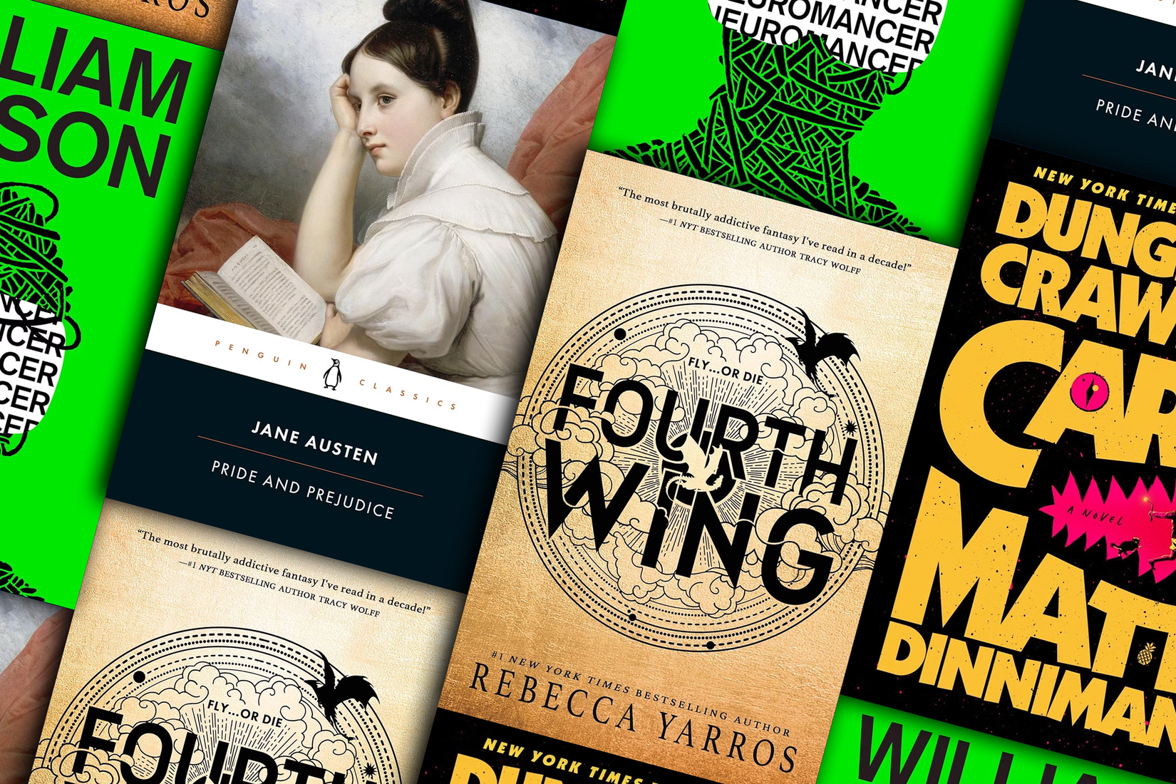 Book covers of Neuromancer, Pride and Prejudice, Fourth Wing, and Dungeon Crawler Carl arranged in a collage.