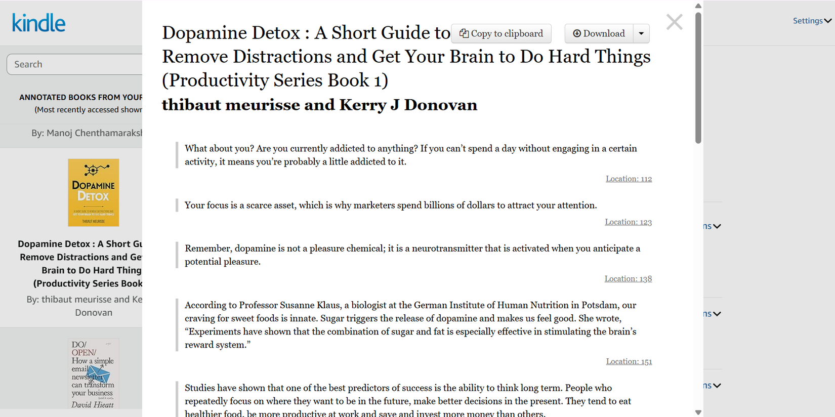 Bookcision bookmarklet overlay showing scraped highlights from a Kindle book on read.amazon.in.