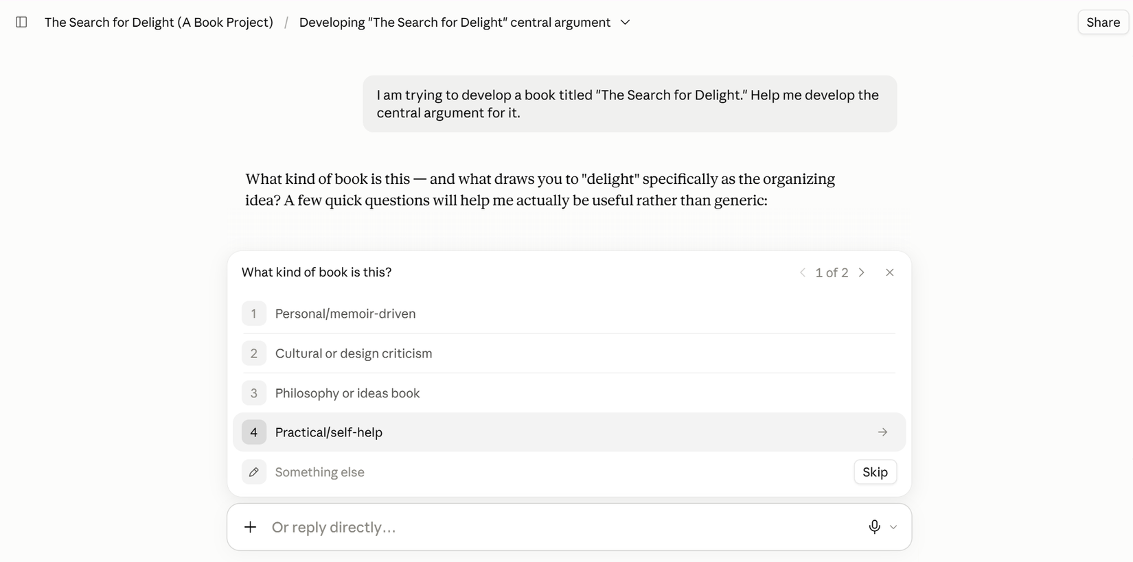 Claude asking multiple clarifying questions in response to a vague prompt.