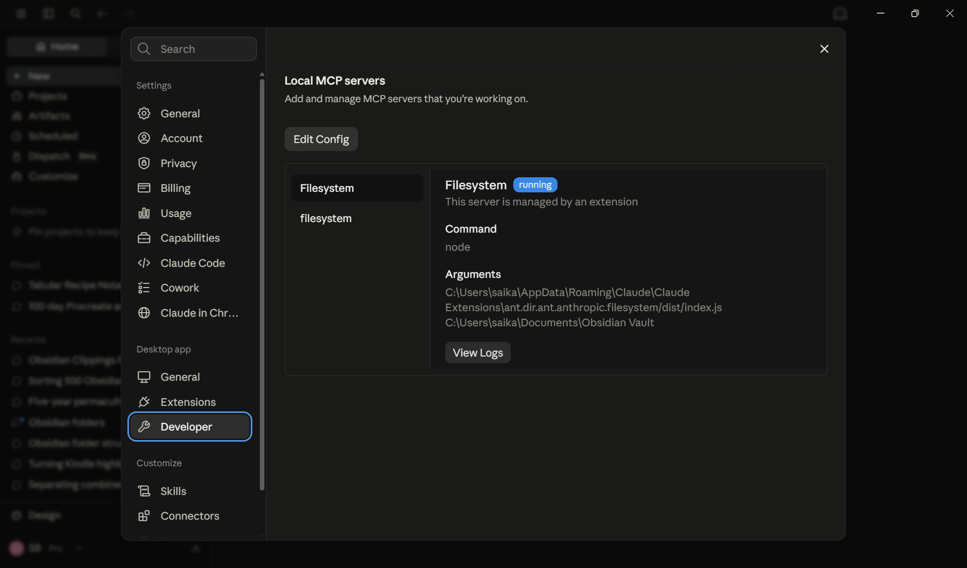 Filesystem MCP server enabled in Claude Desktop settings.