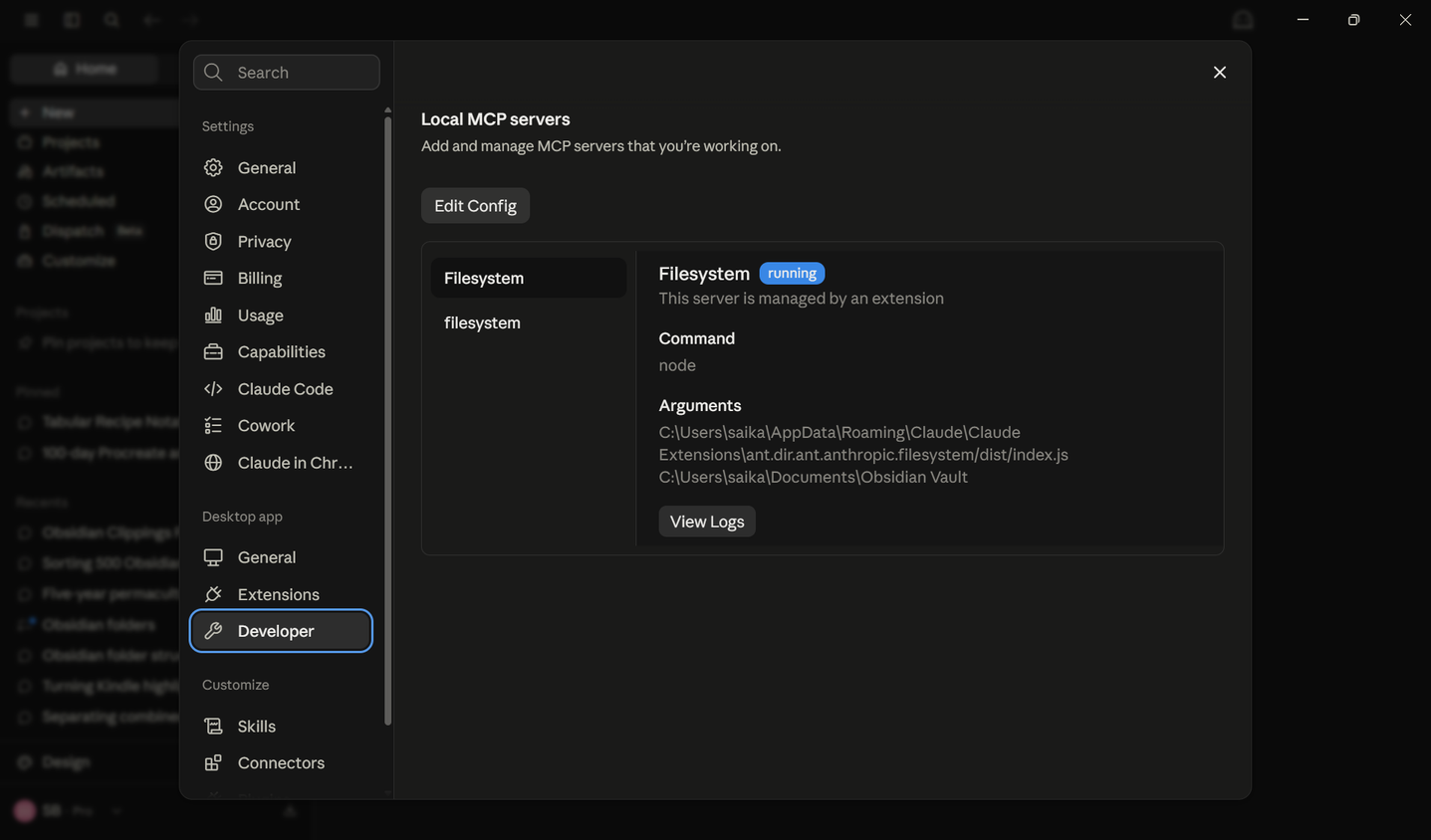 Filesystem MCP server enabled in Claude Desktop settings.