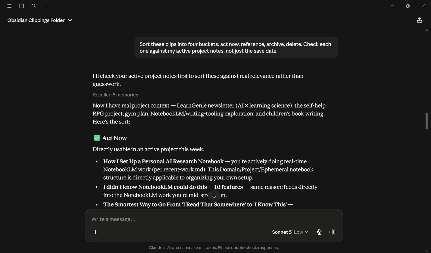Claude's four-bucket sort: act now, reference, archive, delete.
