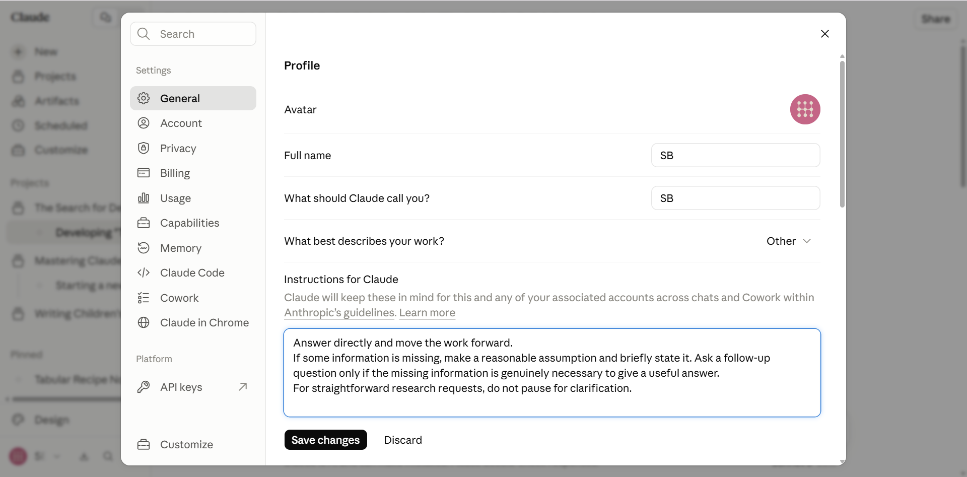 The assumption instruction pasted into Claude's profile preferences field.