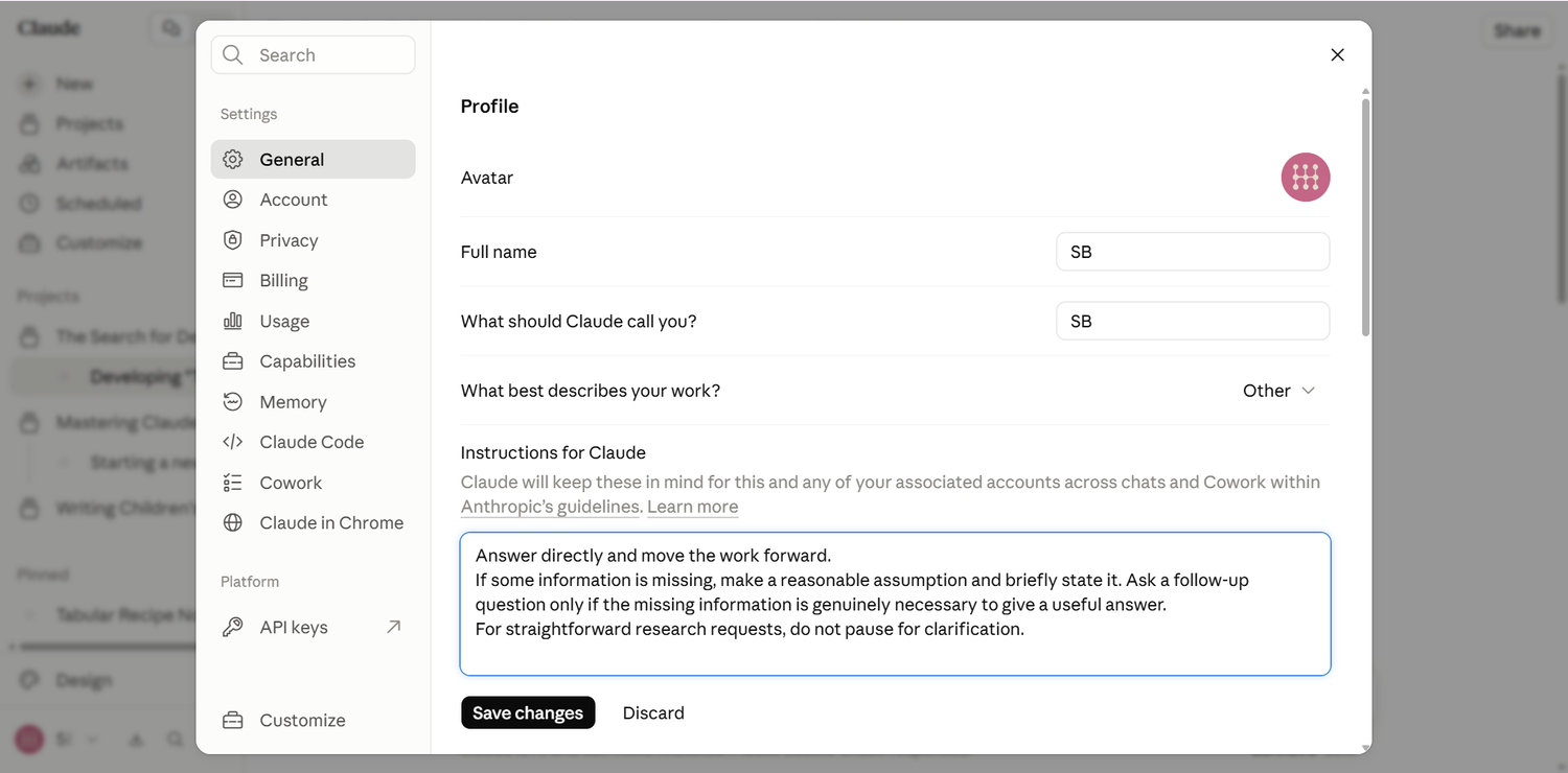 The assumption instruction pasted into Claude's profile preferences field.