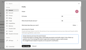 The assumption instruction pasted into Claude's profile preferences field.