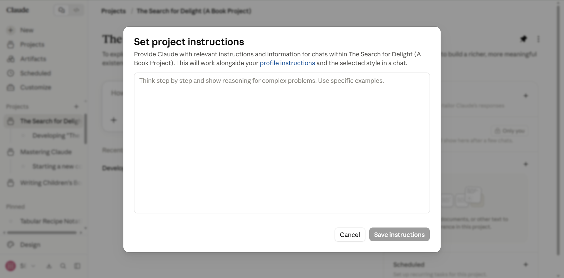 Claude Project instructions panel before adding a custom instruction.