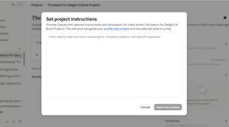 Claude Project instructions panel before adding a custom instruction.