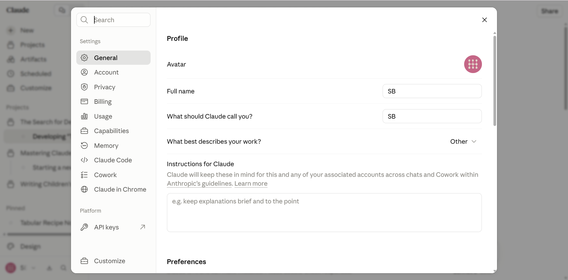 Claude.ai Settings page showing the profile preferences input field.