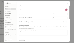 Claude.ai Settings page showing the profile preferences input field.