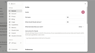 Claude.ai Settings page showing the profile preferences input field.