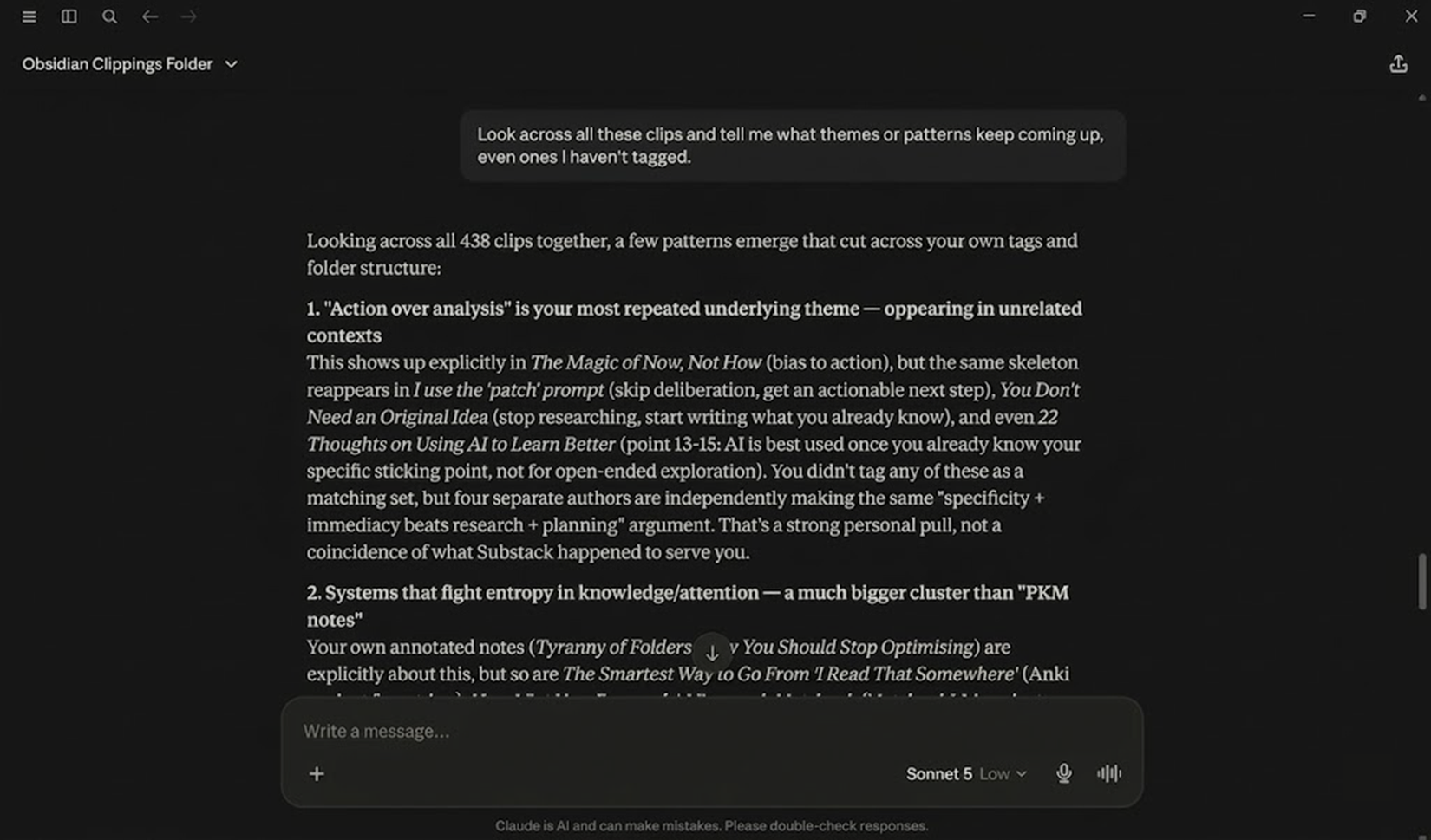 Claude identifying recurring themes across Obsidian clips.