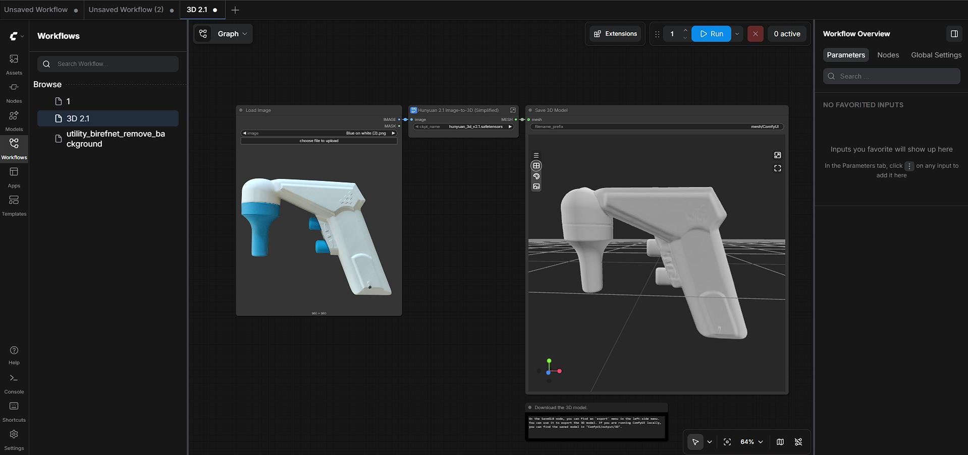 ComfyUI workflow converting a toy gun photo into a 3D model