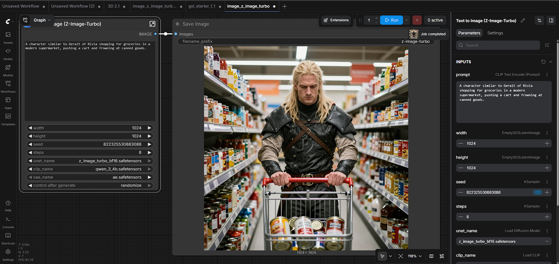ComfyUI Z Image Turbo image of a Witcher like character grocery shopping