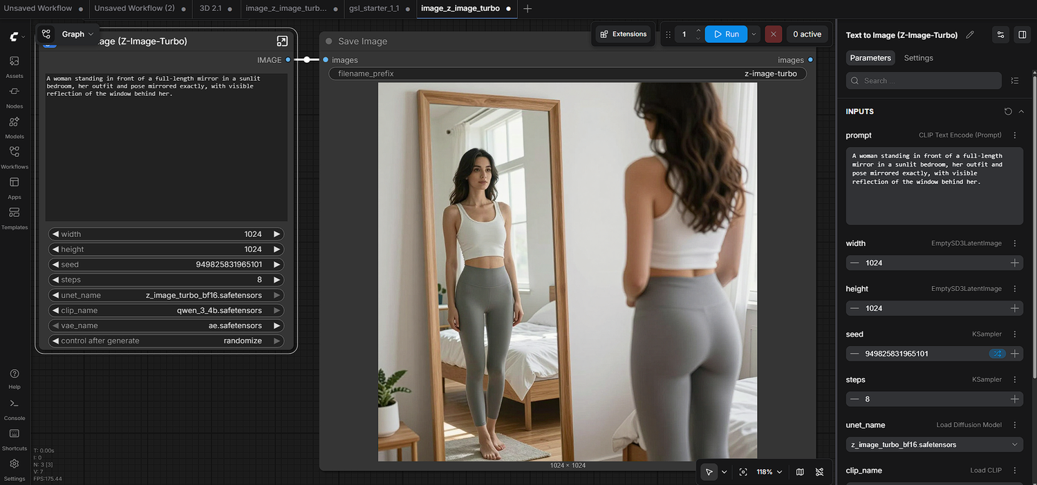 ComfyUI Z Image Turbo image of a woman reflected in a bedroom mirror