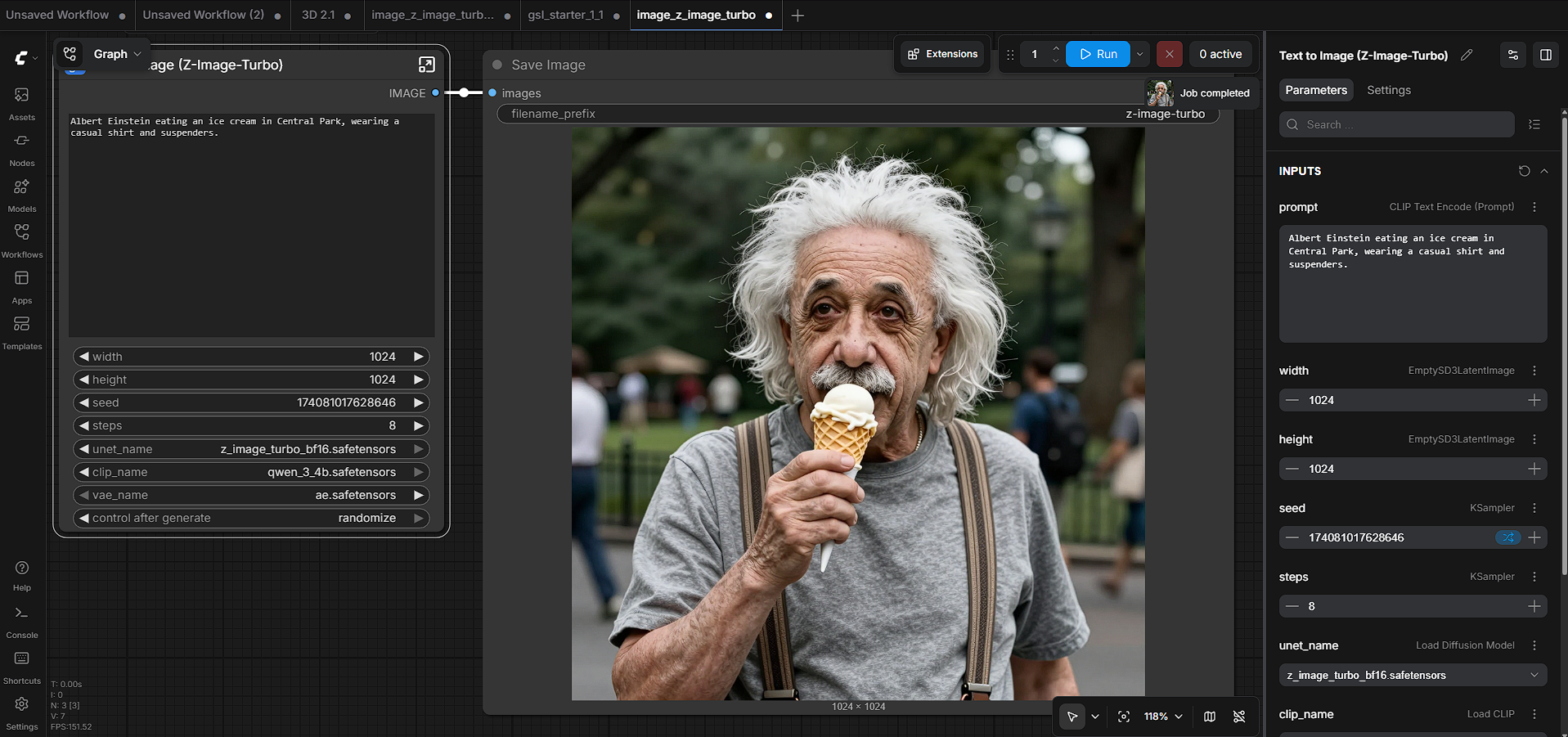 ComfyUI Z Image Turbo image of Albert Einstein eating ice cream in a park