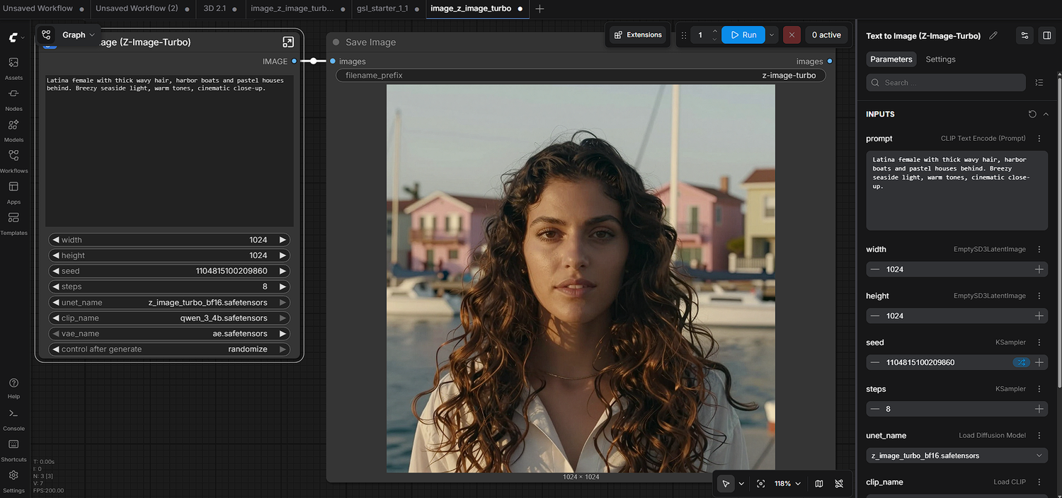 ComfyUI Z Image Turbo portrait of a woman at a harbor with pastel houses