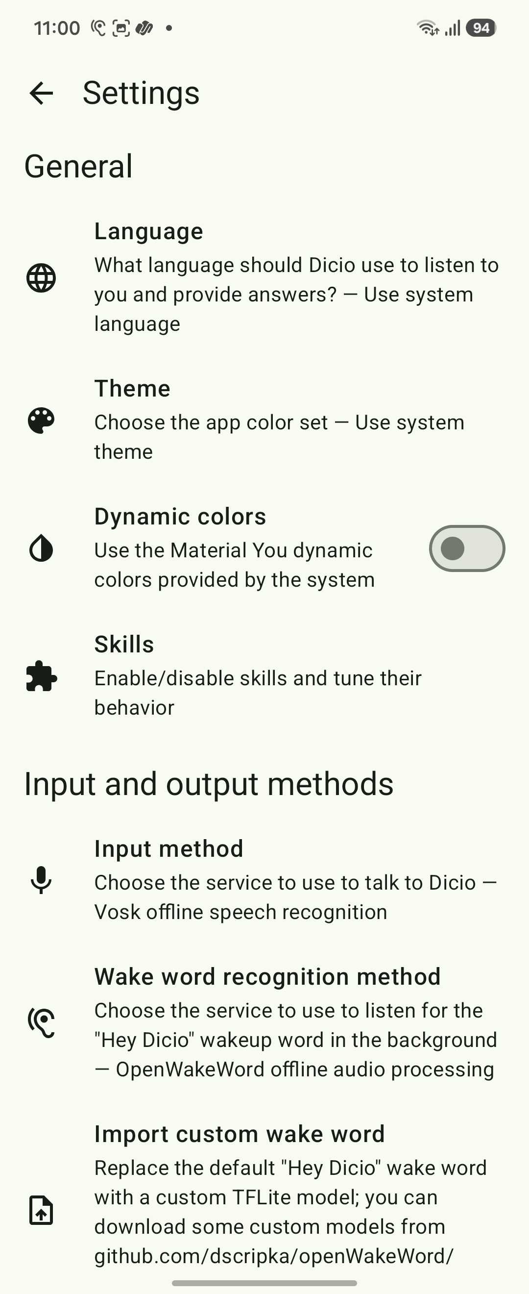 Dicio Voice Assistant Settings General Language Theme Input Output Methods-1